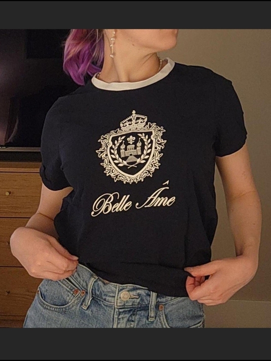 H&M Tops - H&M Black Short-Sleeve Ringer Graphic Tee with White "Belle Ame" Crest Size M